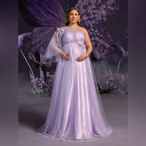 Faerisety Maternity Applique Details One Shoulder Tulle Evening Dress